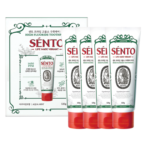 Sento Prime High-Fluoride Gum Care Toothpaste, Aqua Mint Flavor, 120g, 4 pcs