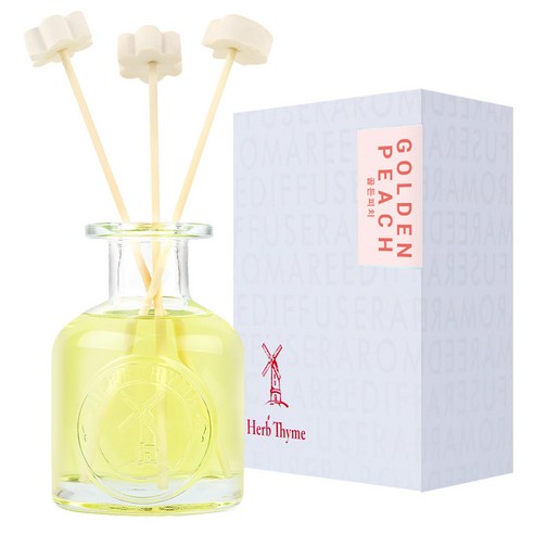 Herb Thyme NEW Indoor Diffuser 130ml + Flower Plaster Randomly Sent 4p + Fiber Stick 5p Gift Set, Golden Peach, 1 Set
