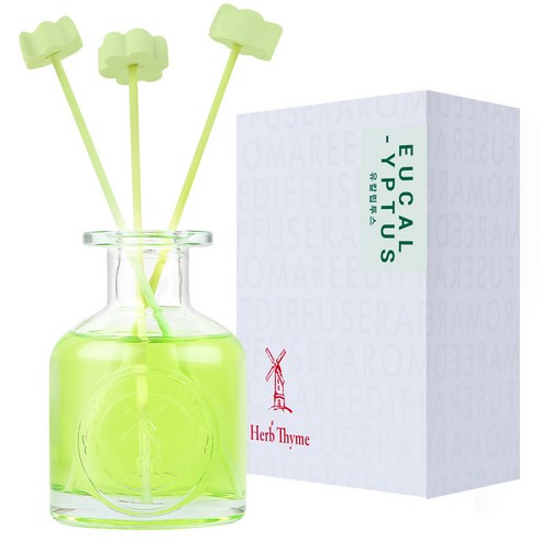 Herb Thyme NEW Indoor Diffuser 130ml + Flower Plaster Randomly Sent 4p + Fiber Stick 5p Gift Set, Eucalyptus, 1 Set